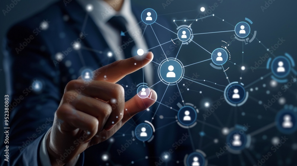 Poster A man is pointing at a network of people on a computer screen