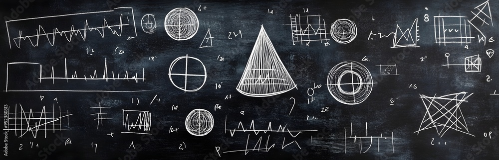Poster blackboard background with mathematical symbols and data charts