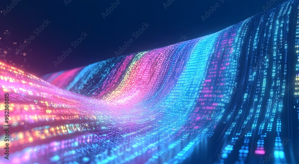 Poster flowing data streams of vibrant neon lights representing and digital technology