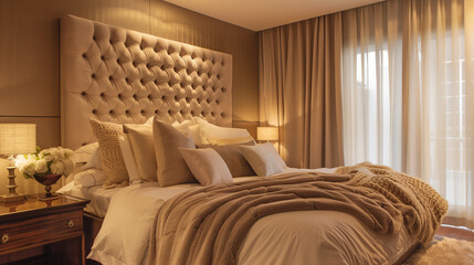Cozy bedroom with a tufted headboard, warm lighting, and neutral tones