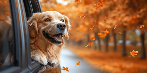 A happy dog peeks out of a car window while driving through a fall suburb, Generative AI.