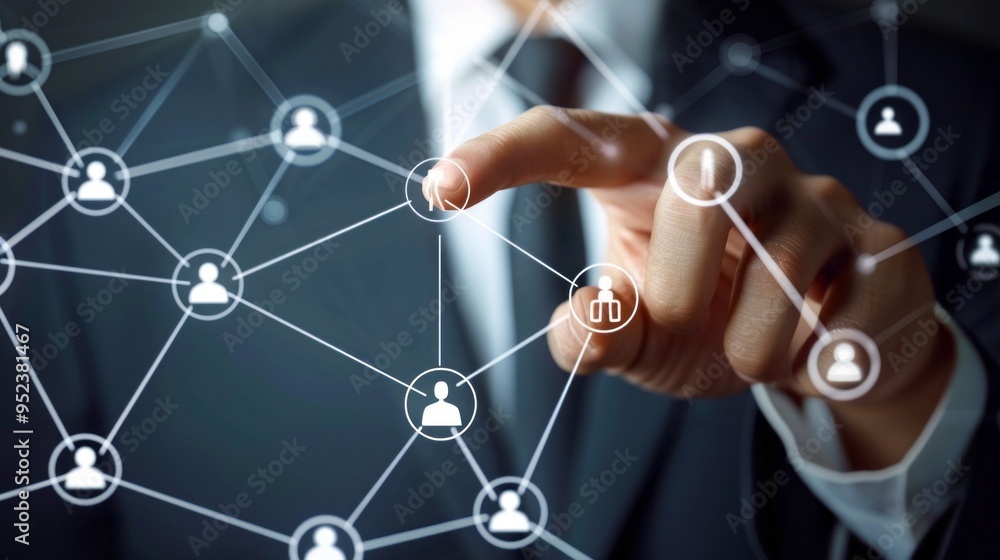 Poster a man is pointing at a network of people on a computer screen