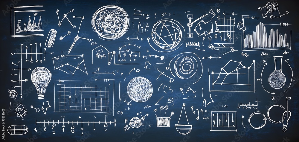 Poster blackboard filled with mathematical equations and quantum physics symbols showcasing the beauty of g