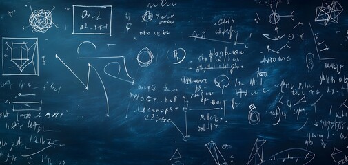 Blackboard Filled with Mathematical Equations and Quantum Physics Symbols Showcasing Technology and Science