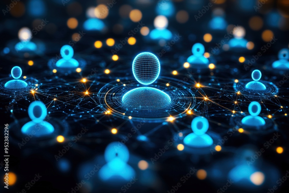 Poster connected minds: a digital representation of a global community, with glowing blue icons connected b