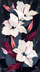 Retro white and pink flowers and leaves illustration poster background