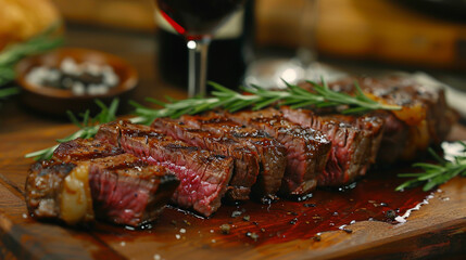 Close-up Slice juicy beef lamb rib steak meat grilled on heat hot roasted flame cooking meal, lunch dinner coal fire smoke with salt and pepper spice beefsteak for party picnic outdoor refreshment