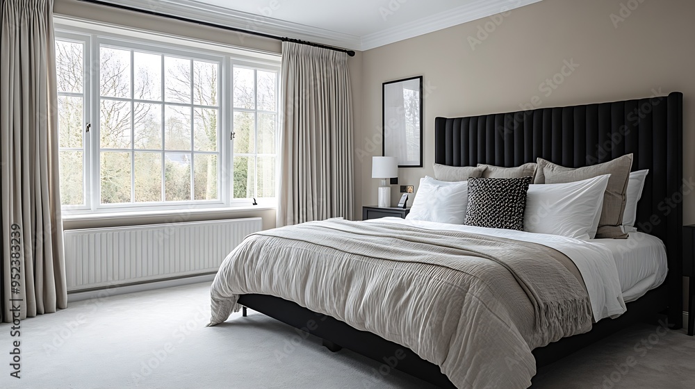 Aufkleber a double bedroom with a large bed without a duvet with cantilever bedside tables a black and white h