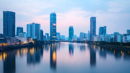 Obraz premium Cityscape Reflections at Dusk, Modern Architecture