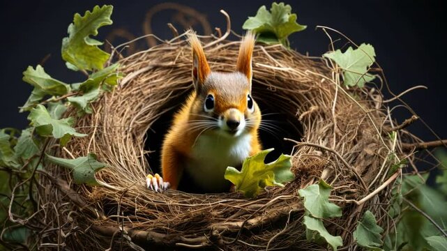 A baby squirrel is sitting in a nest made of twigs and grass. The nest is small and cozy, and the squirrel appears to be comfortable and content