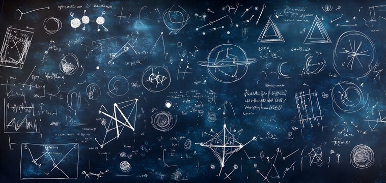 The Captivating Beauty of Scientific Formulas and Geometric Abstractions on a Chalkboard