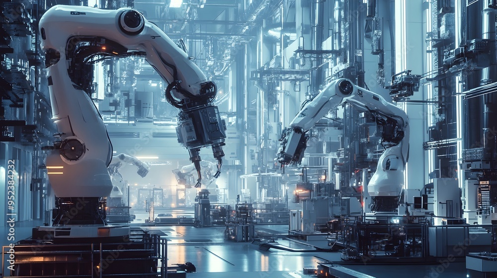 Poster futuristic ai powered factory with advanced robotic arms assembling complex machinery