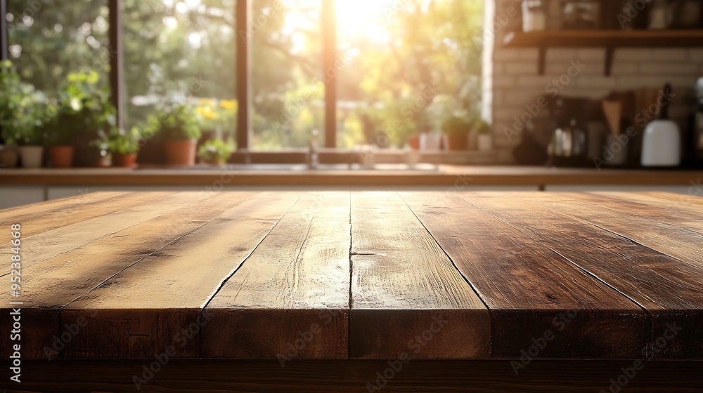 Poster wood table top on blurred kitchen background can be used mock up for montage products display or des