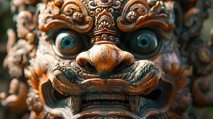 Obraz premium Close-up of a detailed wooden carving of a mythical beast with a fierce expression and large blue eyes.