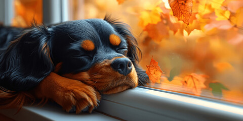 Dreaming dog sleeps on cozy warm windowsill in autumn weather, hygge concept, Generative AI.