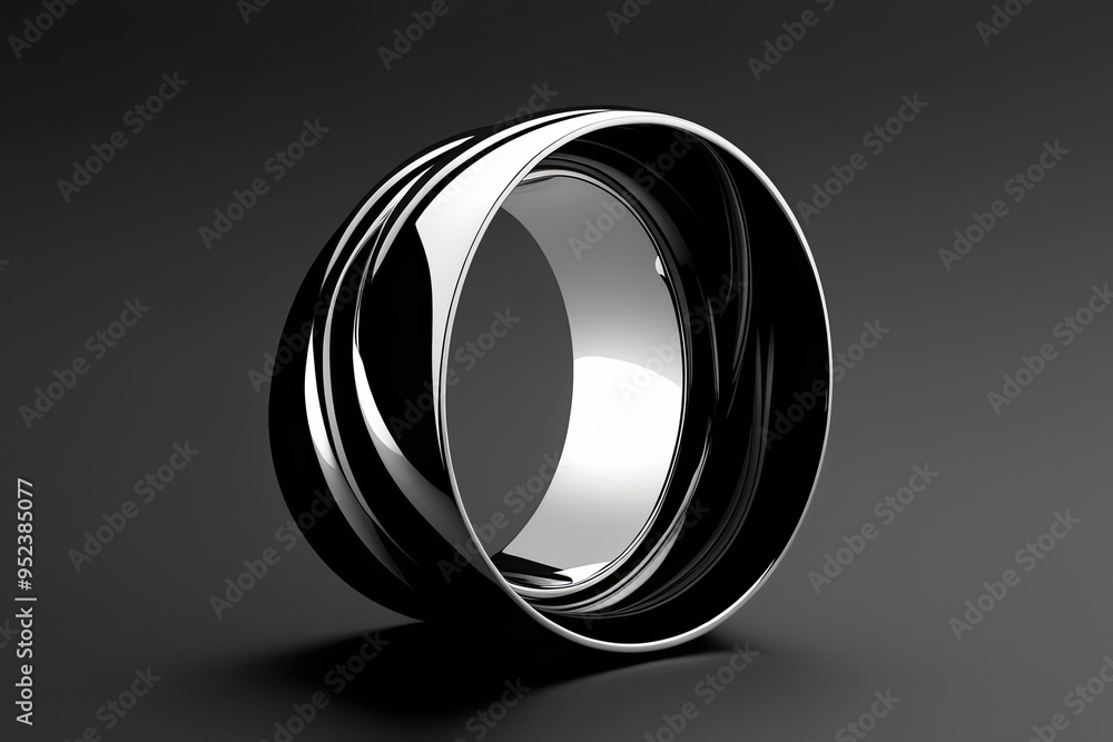 Poster minimalistic chrome band rotating in a fluid dynamic structure against a black background