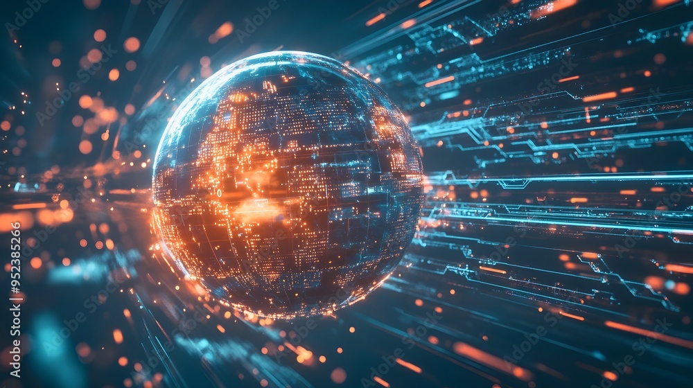 Poster glowing ai powered sphere with digital data streams symbolizing global connectivity