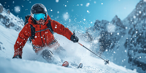 Man skis down snowy mountain., Generative AI.