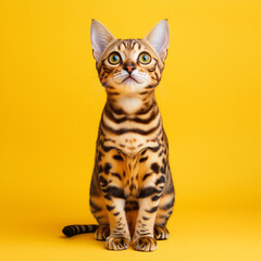 cute bengal cat looking at camera, yellow pastel background, Ai generated images