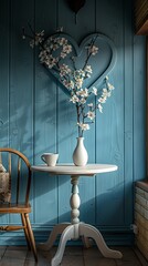 White table on blue heart wall