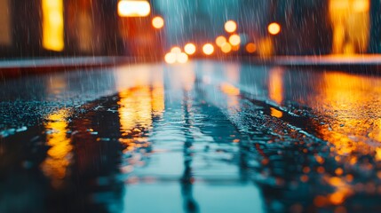 A rainy street with a reflection of the lights on the water
