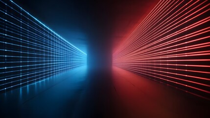 A long hallway with blue and red lights