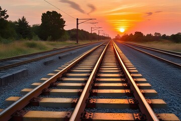 Fototapeta premium Stunning Railway Tracks Bathed in Golden Sunset Light