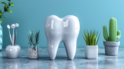 White tooth model surrounded by plants on a table.