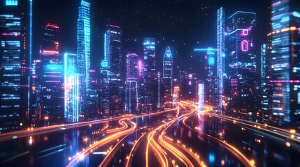 Futuristic AI Powered Traffic Management City Map with Glowing Neon Routes and Holographic Displays