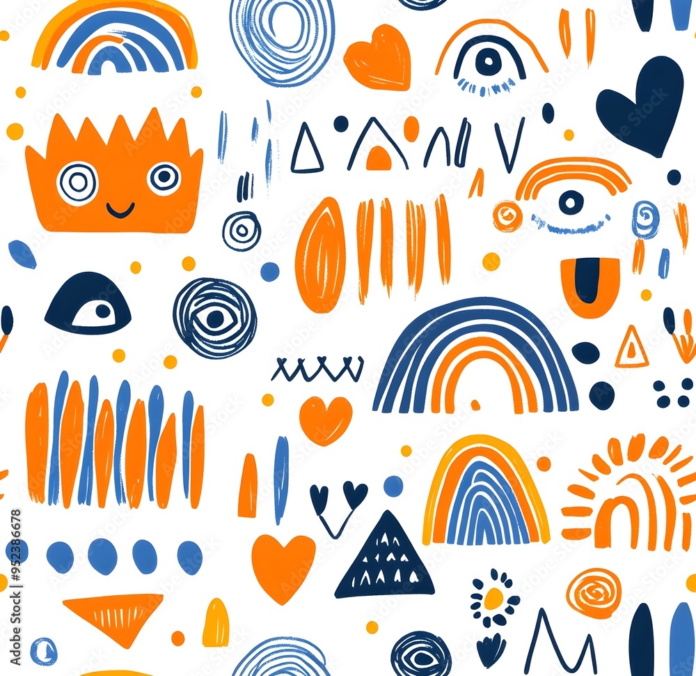 Poster simple shapes and eyes in vibrant colors on seamless repeating pattern