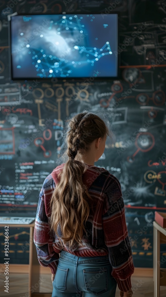 Poster female student attending virtual physics class with interactive simulations on screen