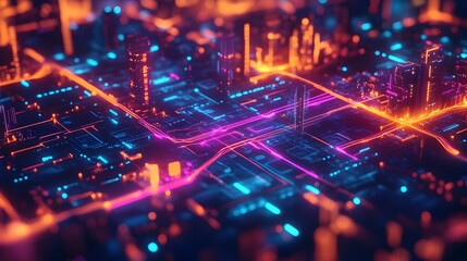 Obraz premium AI Powered Futuristic City Map with Optimized Traffic Management and Glowing Navigation Routes