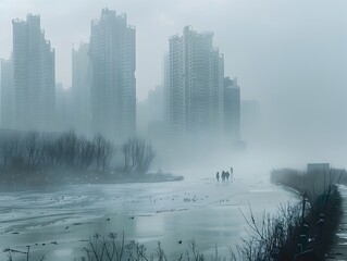 Fototapeta premium Smog Shrouded Cityscape Reveals Skyscrapers Emerging from Murky Atmosphere