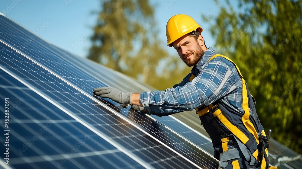 Poster worker installs solar panels worker installs solar panels at a solar farm field : generative ai