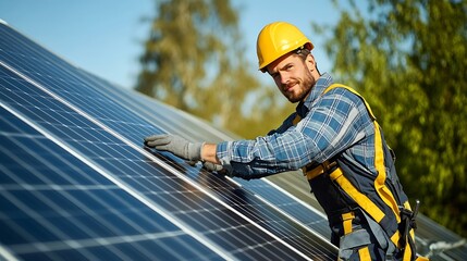 Fototapeta na wymiar Worker installs solar panels Worker installs solar panels at a solar farm field : Generative AI