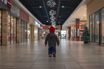 Obraz premium A child walking alone in an empty, decorated shopping mall during the holiday season