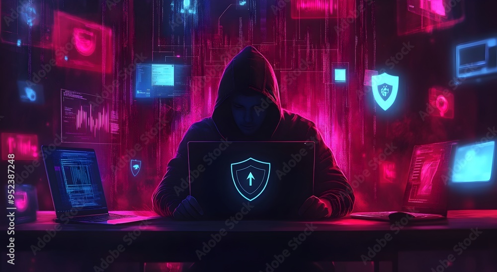Poster hacker in hoodie shielding laptop with cybersecurity icons floating around