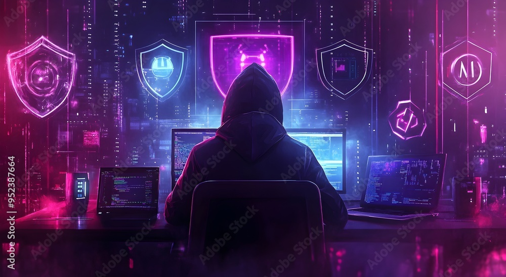 Poster hooded hacker wielding ai powered cybersecurity at dark technological desk