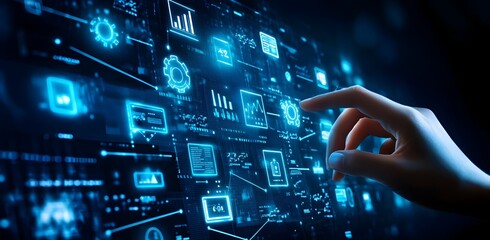 Touching the Digital Landscape Illustrative AI Inspired Icons on a Dark Background