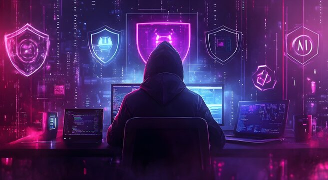 Hooded Hacker Wielding AI Powered Cybersecurity at Dark Technological Desk