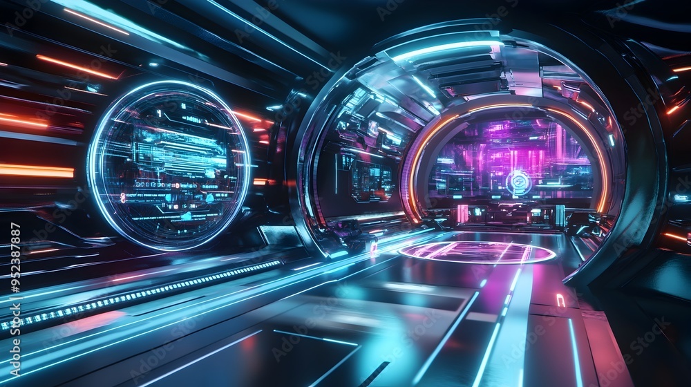 Poster immersive virtual reality environment with futuristic holographic displays and gesture controlled in