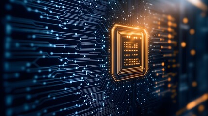 A close-up view of a glowing microchip surrounded by intricate circuit paths, symbolizing advanced technology and innovation.