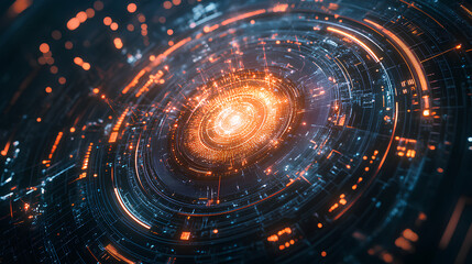 Fototapeta premium Futuristic HUD displaying a 3D object with a high-tech holographic interface of glowing fractal particles, representing nanotechnology radar software 