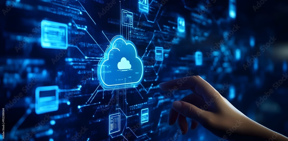 Poster glowing digital interface with touchscreen and cloud storage icons