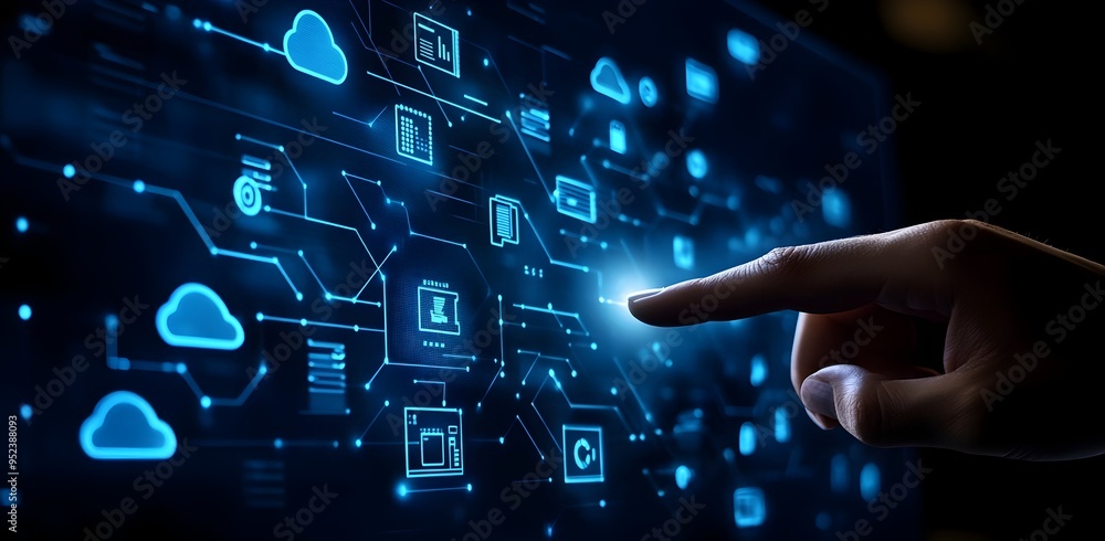 Poster digital tech screen with glowing cloud storage and file sharing icons