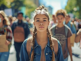Obraz premium Diverse Youth Climate Activists March with Determined Expressions in Urban Backdrop