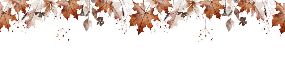 Watercolor painted autumn seamless border frame. Orange and gray fall dry maple leaves, wild branches and twigs, brown flowers. Hand drawn illustration. Watercolour artistic template design.