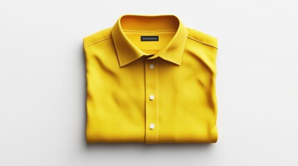 A neatly folded yellow shirt on a white background, showcasing its color and design.