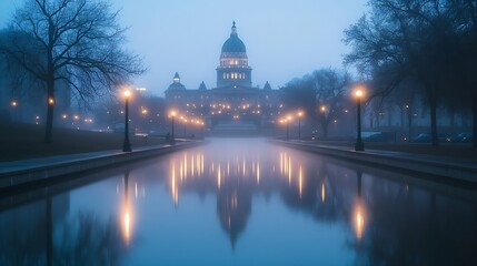 Des Moines Iowa USA at the Capitol building on a misty morning : Generative AI