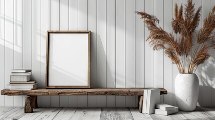Winter and fall themed still life with grass plant bouquet in rustic vase